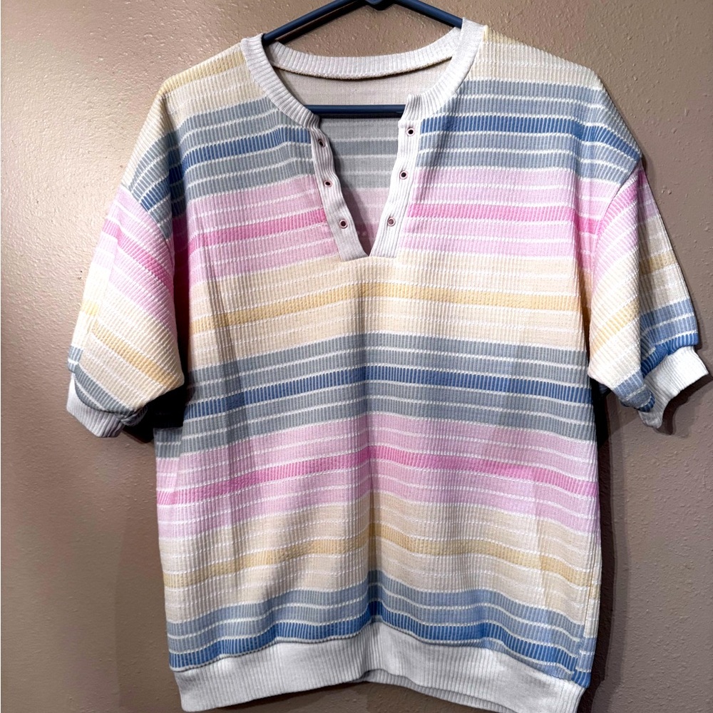 Vintage 1980s rainbow pastel striped short sleeve shirt